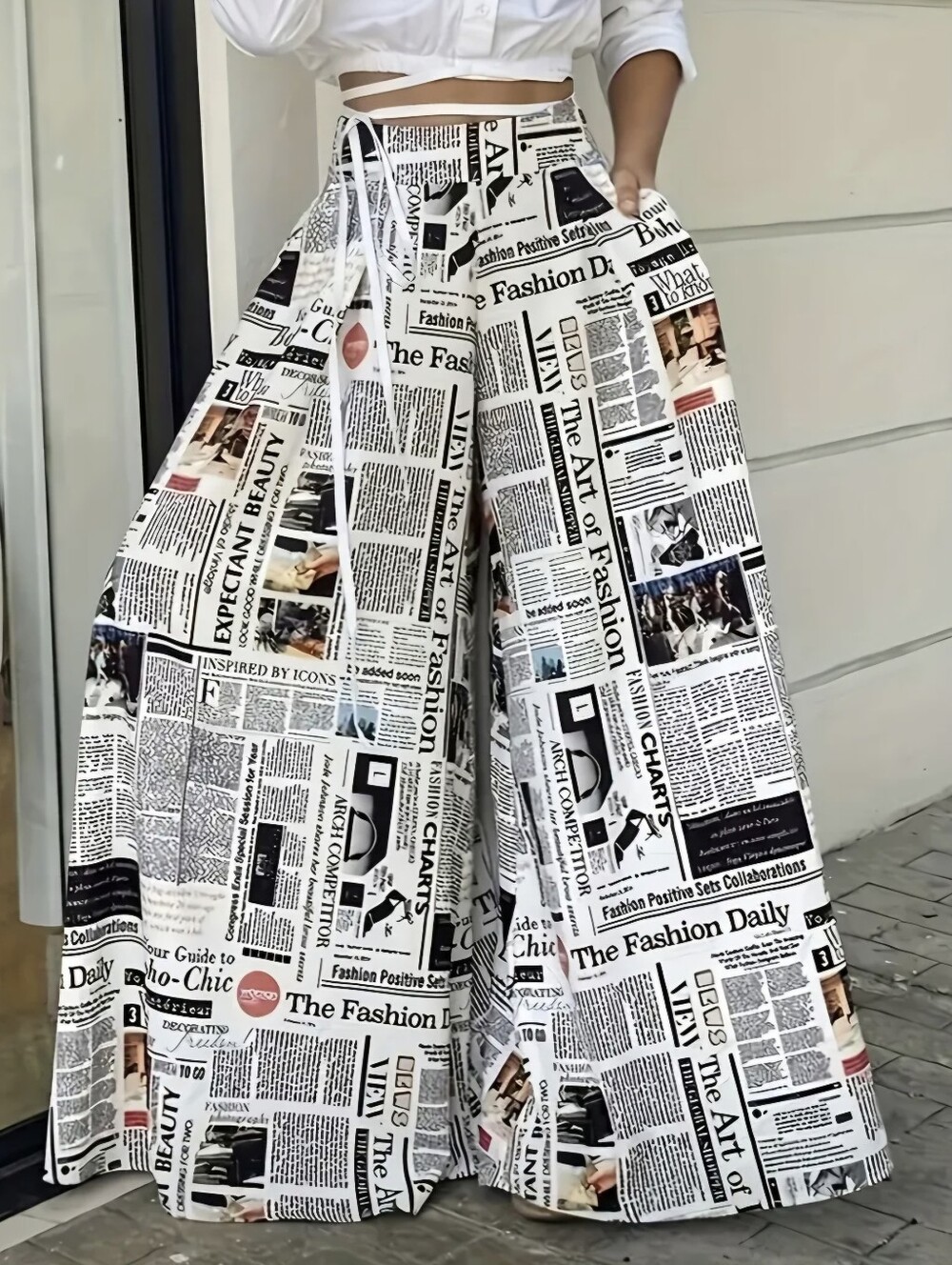 Newspaper Print Wide Leg Pants with Pockets | High Waist, Non-Stretch